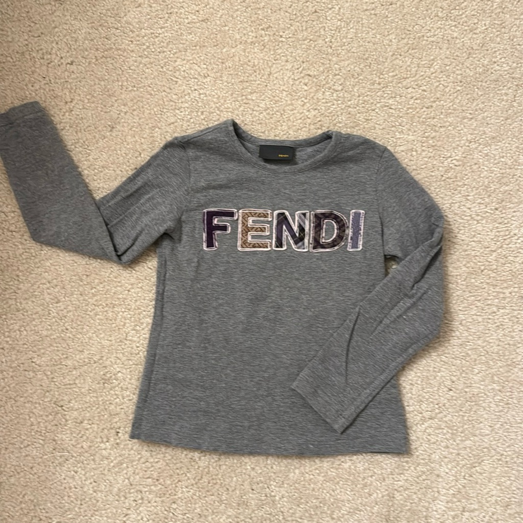 Fendi Gray Long Sleeve Tee With Multicolor Velvet Logo